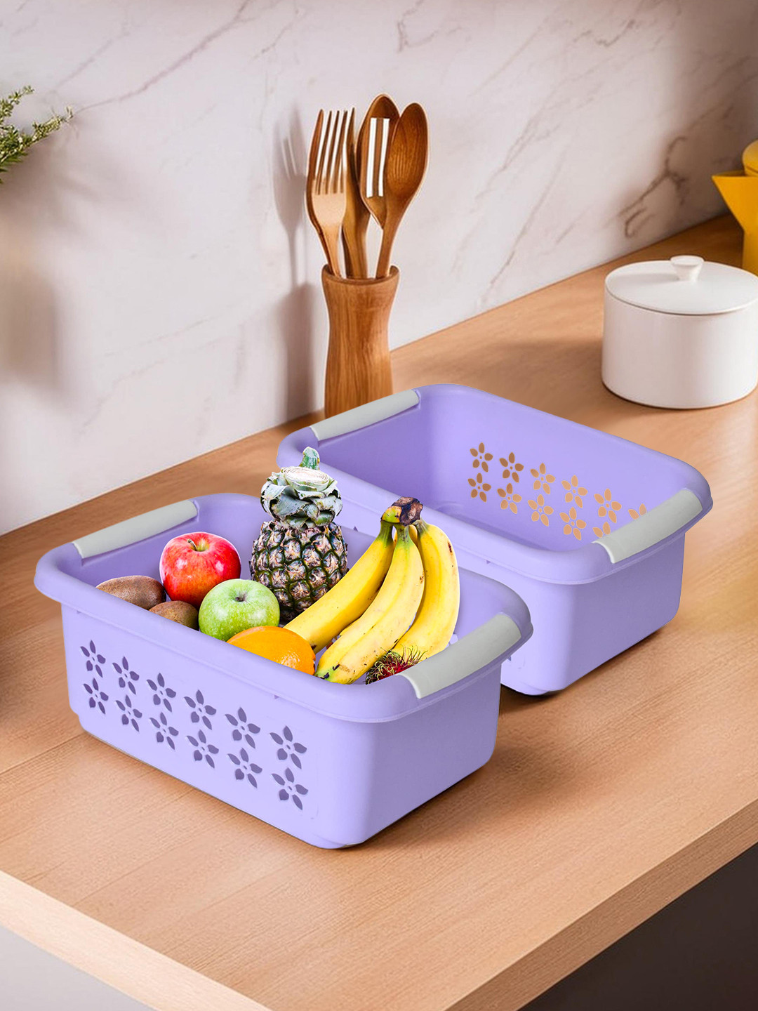 Kuber Industries Purple 2 Pieces Floral Netted Design Rectangle Storage Baskets