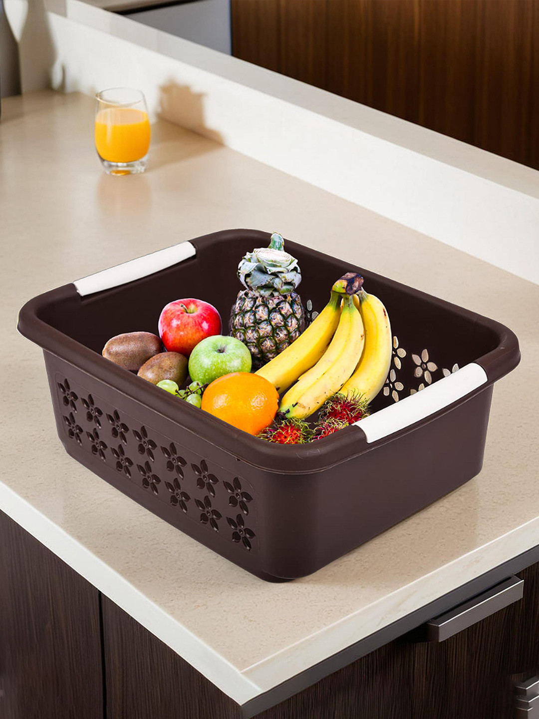 Kuber Industries Brown Floral Netted Design Rectangle Storage Basket