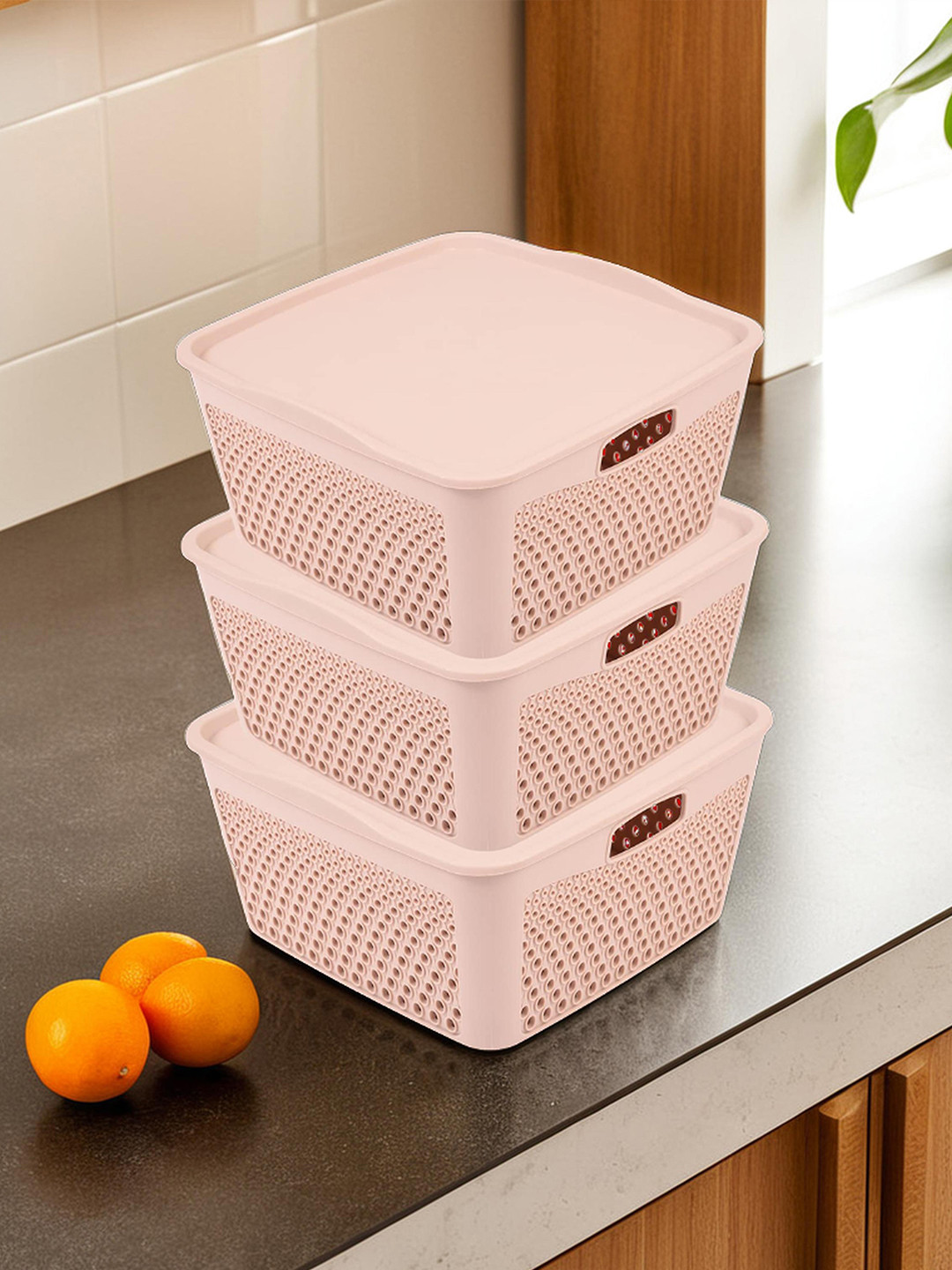 Kuber Industries Beige 3 Pieces Netted Design Square Storage Baskets With Lid
