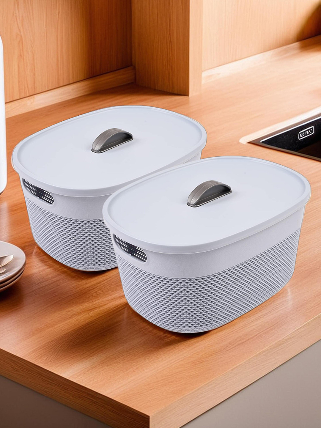 Kuber Industries Blue 2 Pieces Netted Design Oval Storage Baskets With Lid