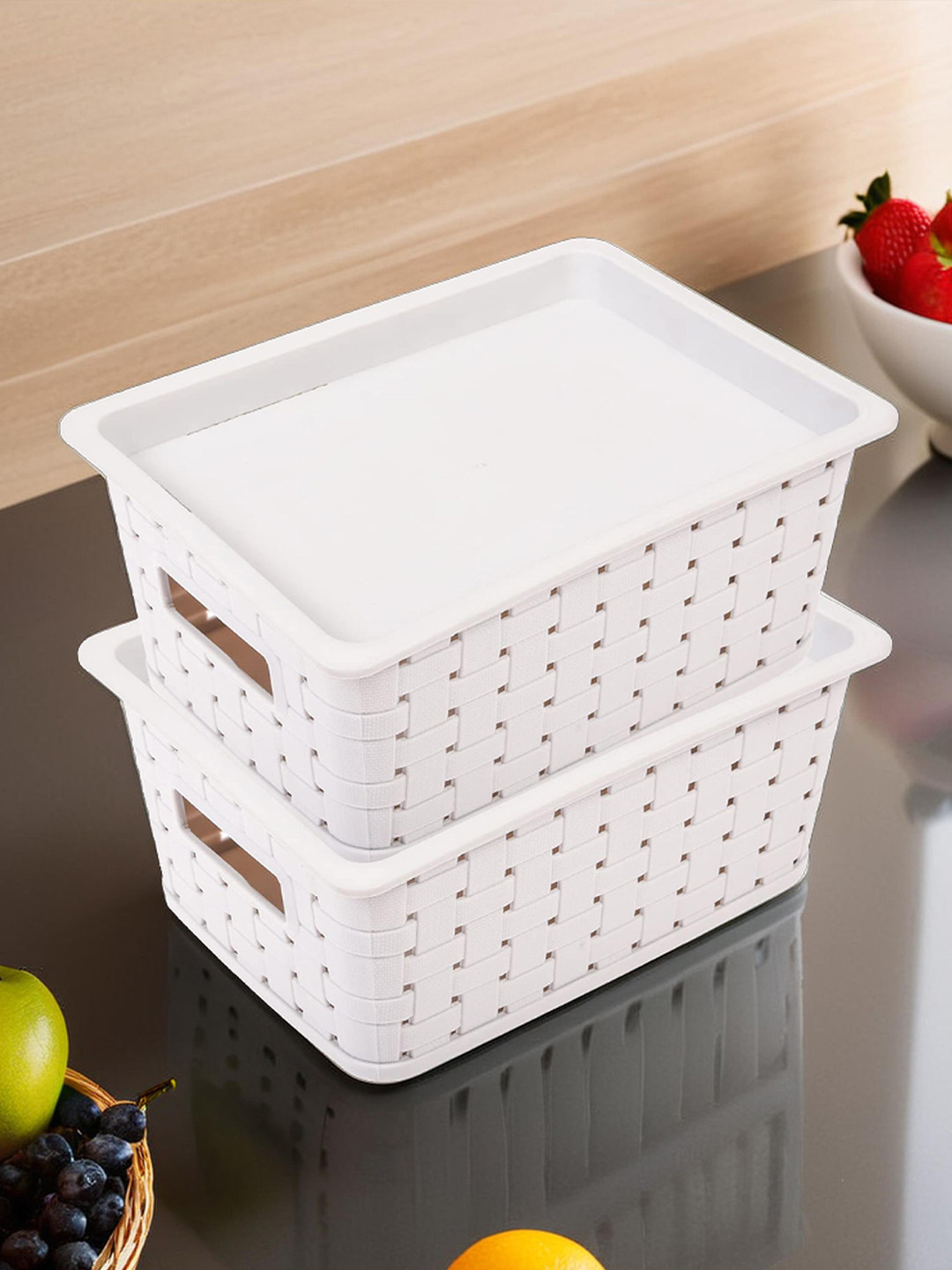 Kuber Industries 2 Pieces Grey Multipurpose Small Storage Basket With Lid