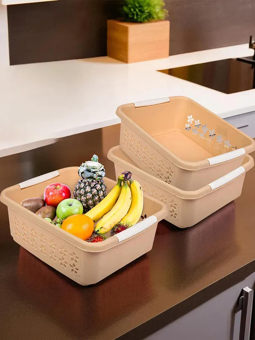 Kuber Industries Beige 3 Pieces Floral Netted Design Rectangle Storage Baskets