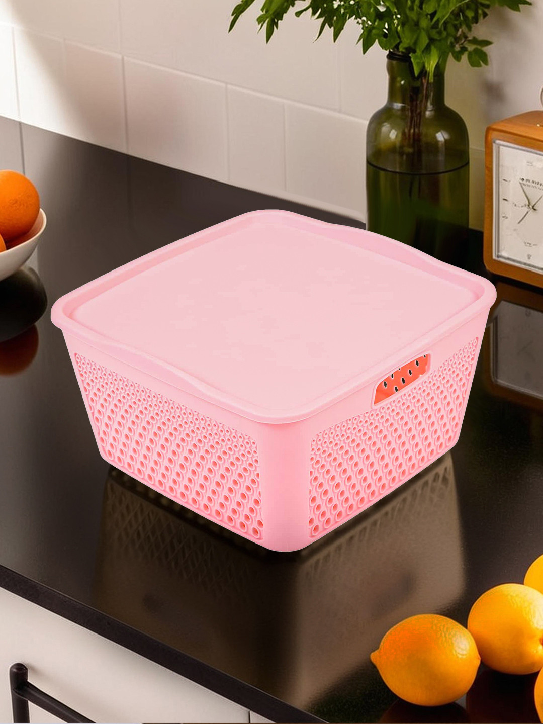 Kuber Industries Pink Netted Design Square Storage Basket With Lid