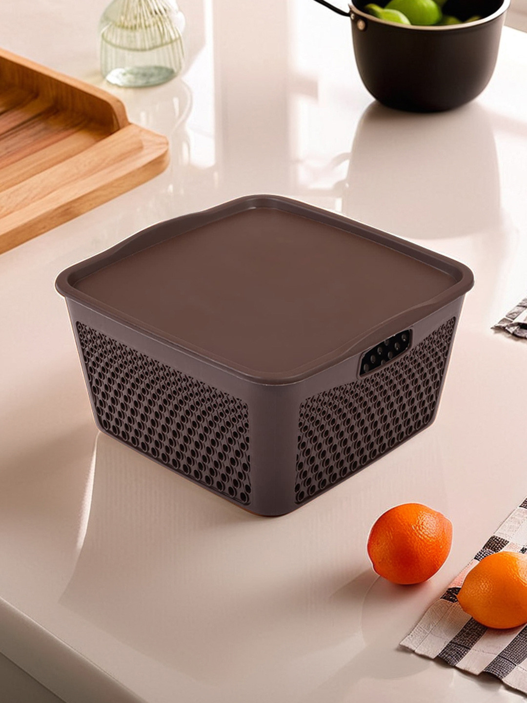 Kuber Industries Brown Netted Design Square Storage Basket With Lid