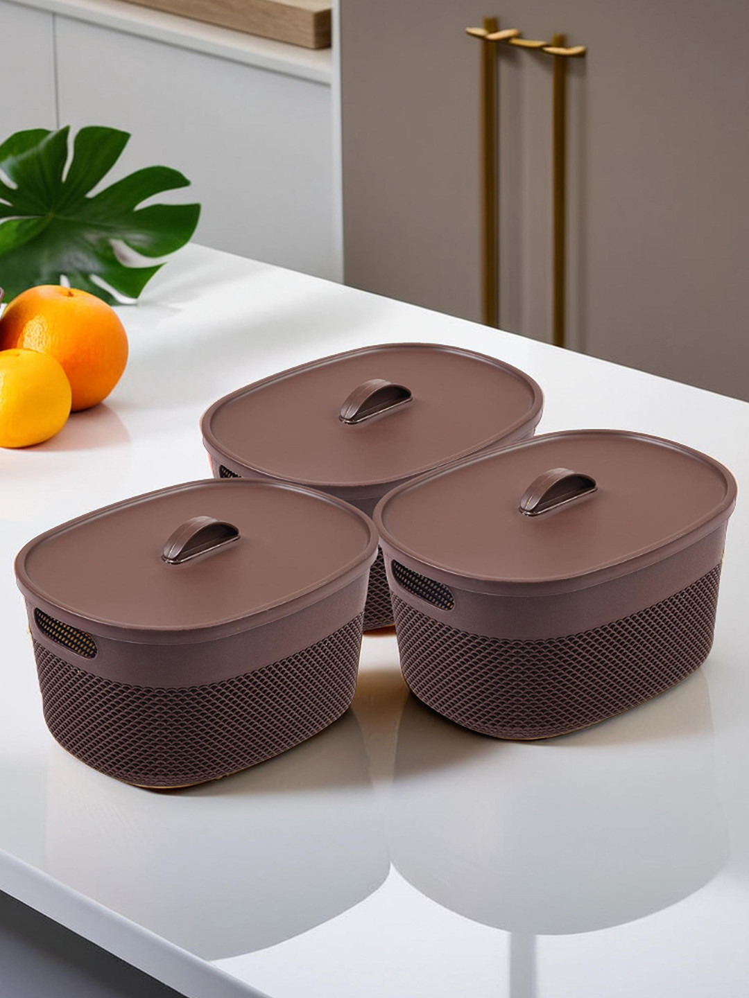 Kuber Industries Brown 3 Pieces Netted Design Rectangle Storage Baskets With Lid