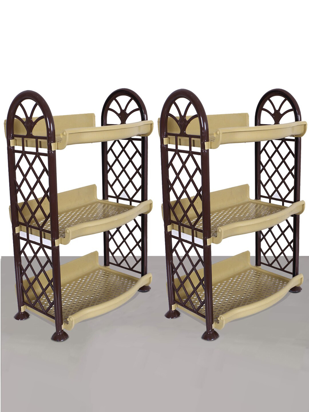 Kuber Industries Beige & Black 2 Pieces Patterned Unbreakable 3 Shelves Storage Stands