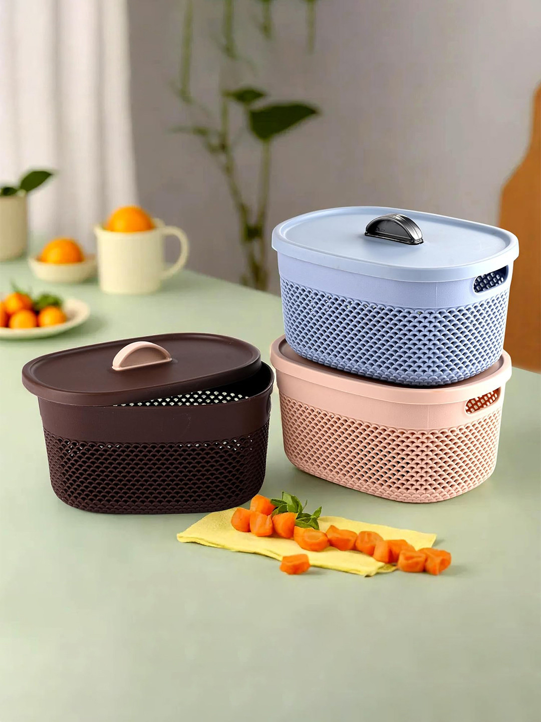 Kuber Industries Brown & Beige 3 Pieces Netted Design Oval Storage Baskets With Lid