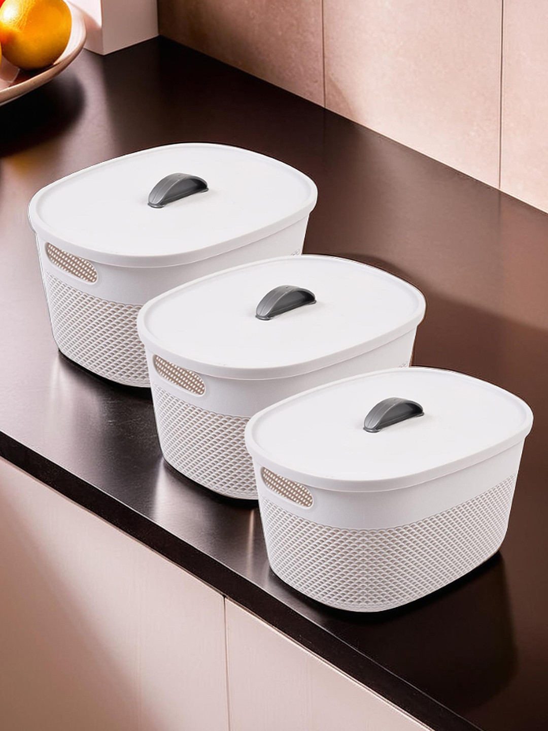 Kuber Industries Grey 3 Pieces Netted Design Rectangle Storage Baskets