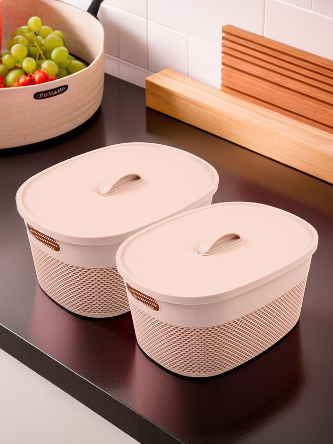 Kuber Industries Beige 2 Pieces Netted Design Oval Baskets With Lid