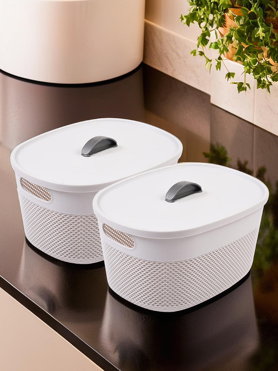 Kuber Industries Grey 2 Pieces Netted Design Storage Baskets With Lid