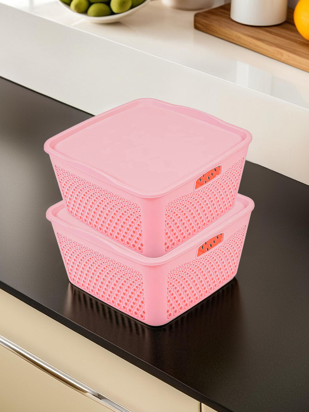 Kuber Industries Pink 2 Pieces Netted Design Square Baskets With Lid