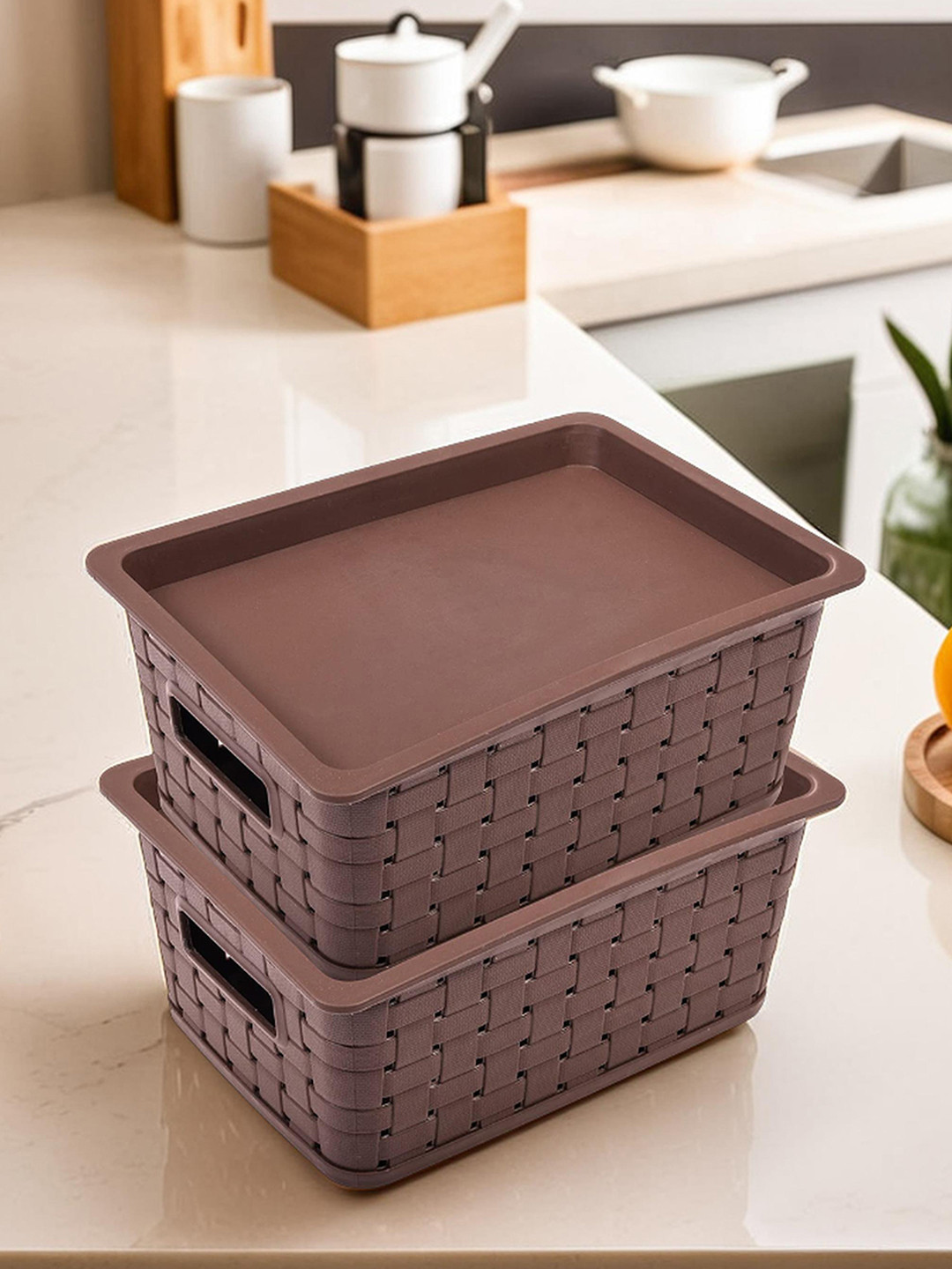 Kuber Industries Brown 2 Pieces Multipurpose Storage Baskets With Lid