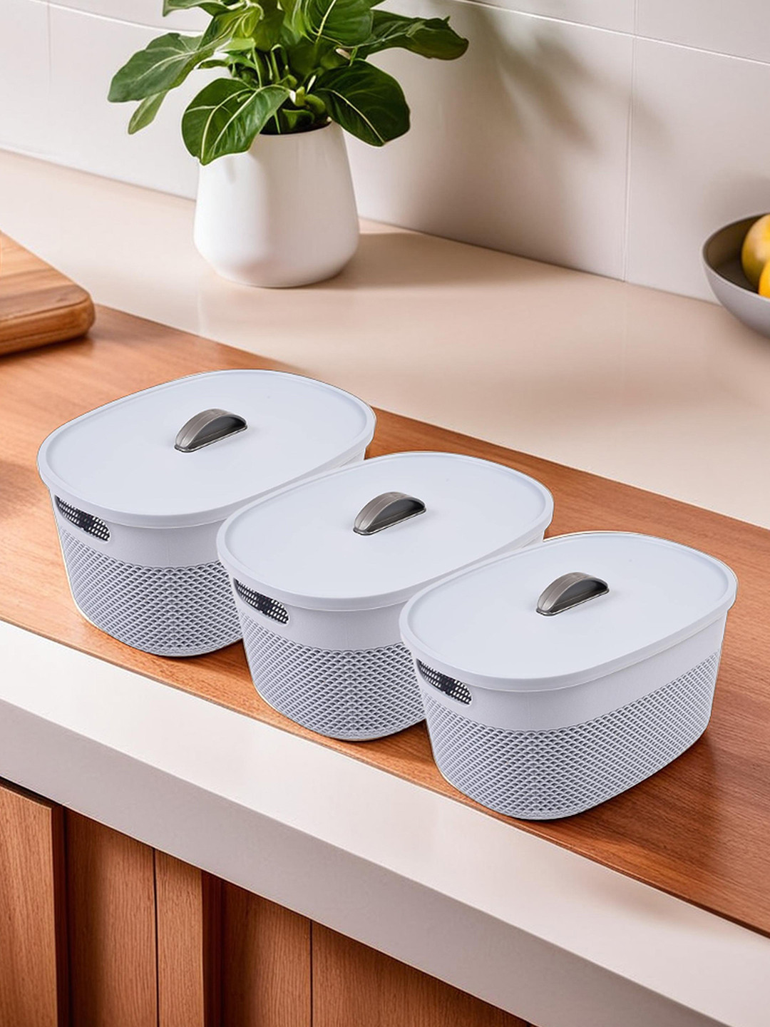 Kuber Industries Blue 3 Pieces Netted Design Oval Storage Baskets With Lid