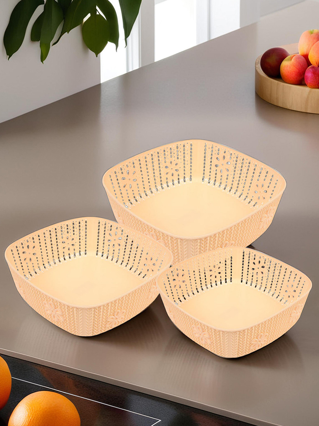 Kuber Industries Beige 3 Pieces Textured Square Storage Baskets