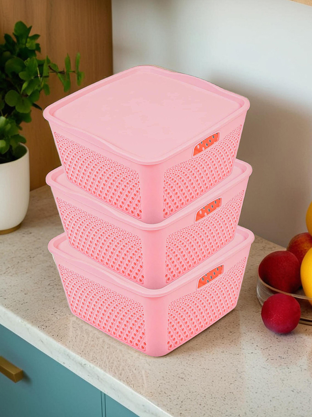 Kuber Industries Pink 3 Pieces Netted Design Multipurpose Square Storage Baskets With Lid