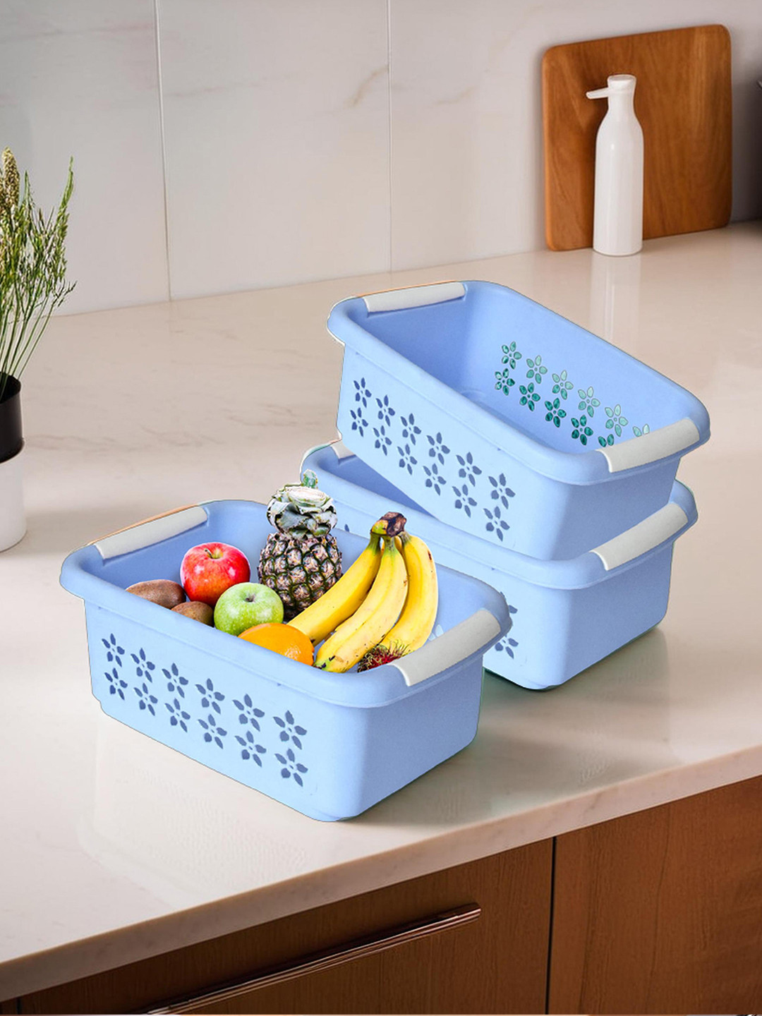 Kuber Industries Blue 3 Pieces Netted Design Rectangular Storage Baskets