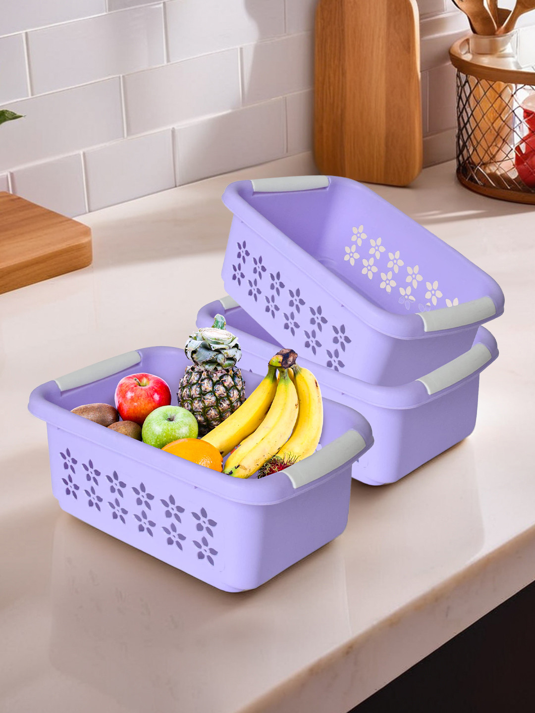 Kuber Industries Purple 3 Pieces Floral Cut Design Rectangular Storage Baskets