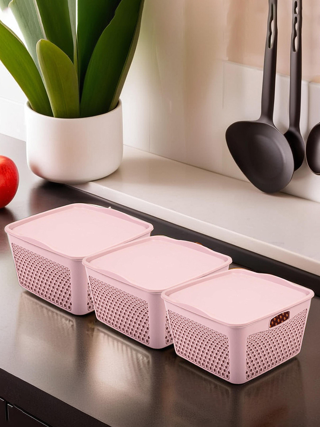 Kuber Industries Grey 3 Pieces Square Storage Baskets with Lid