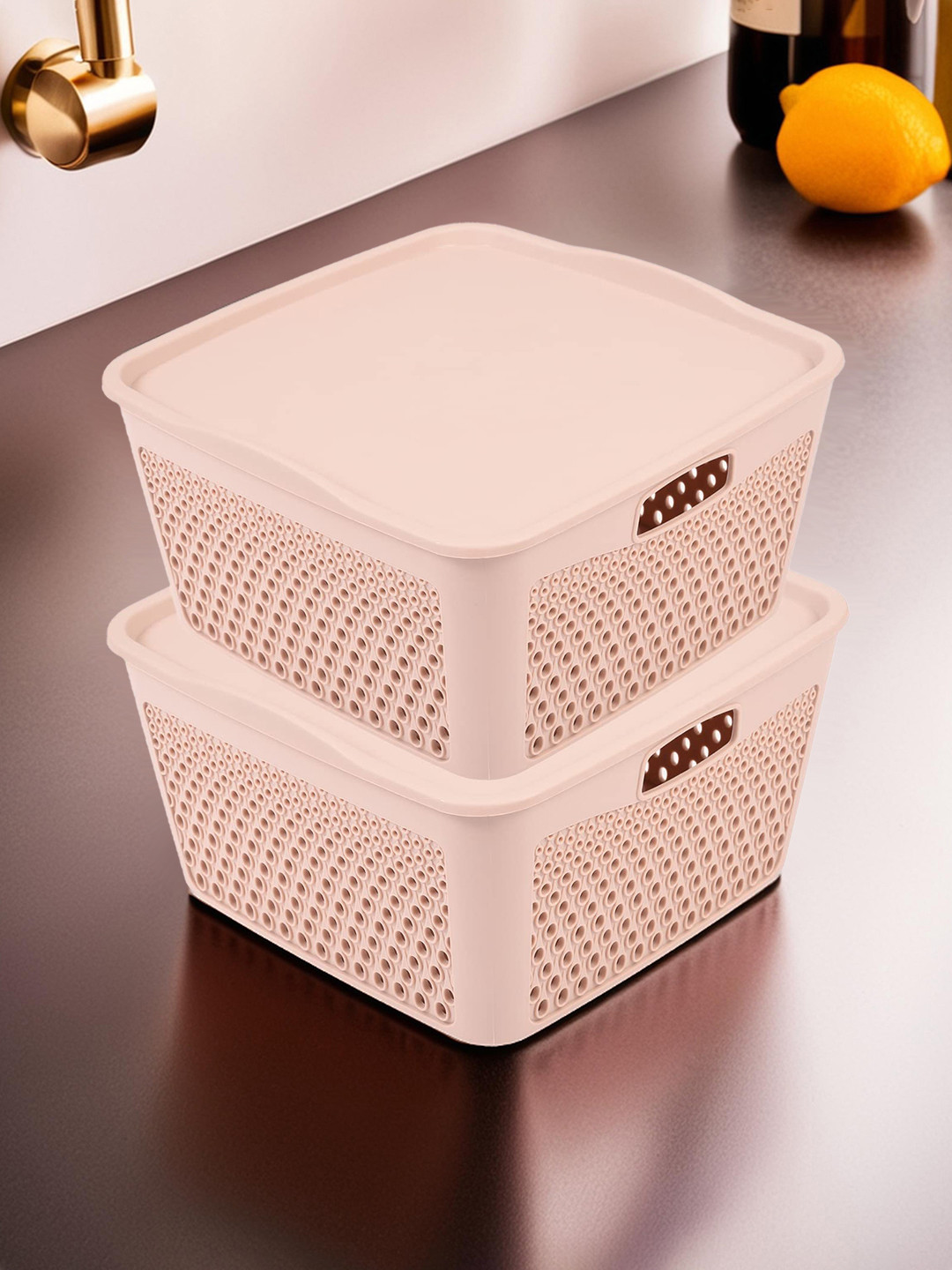 Kuber Industries 2 Pieces Beige Netted Design Square Storage Baskets With Lid