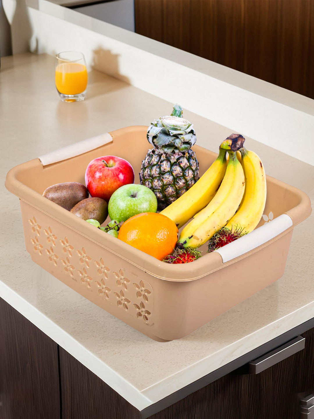 Kuber Industries Beige Floral Cut Design Rectangular Storage Basket