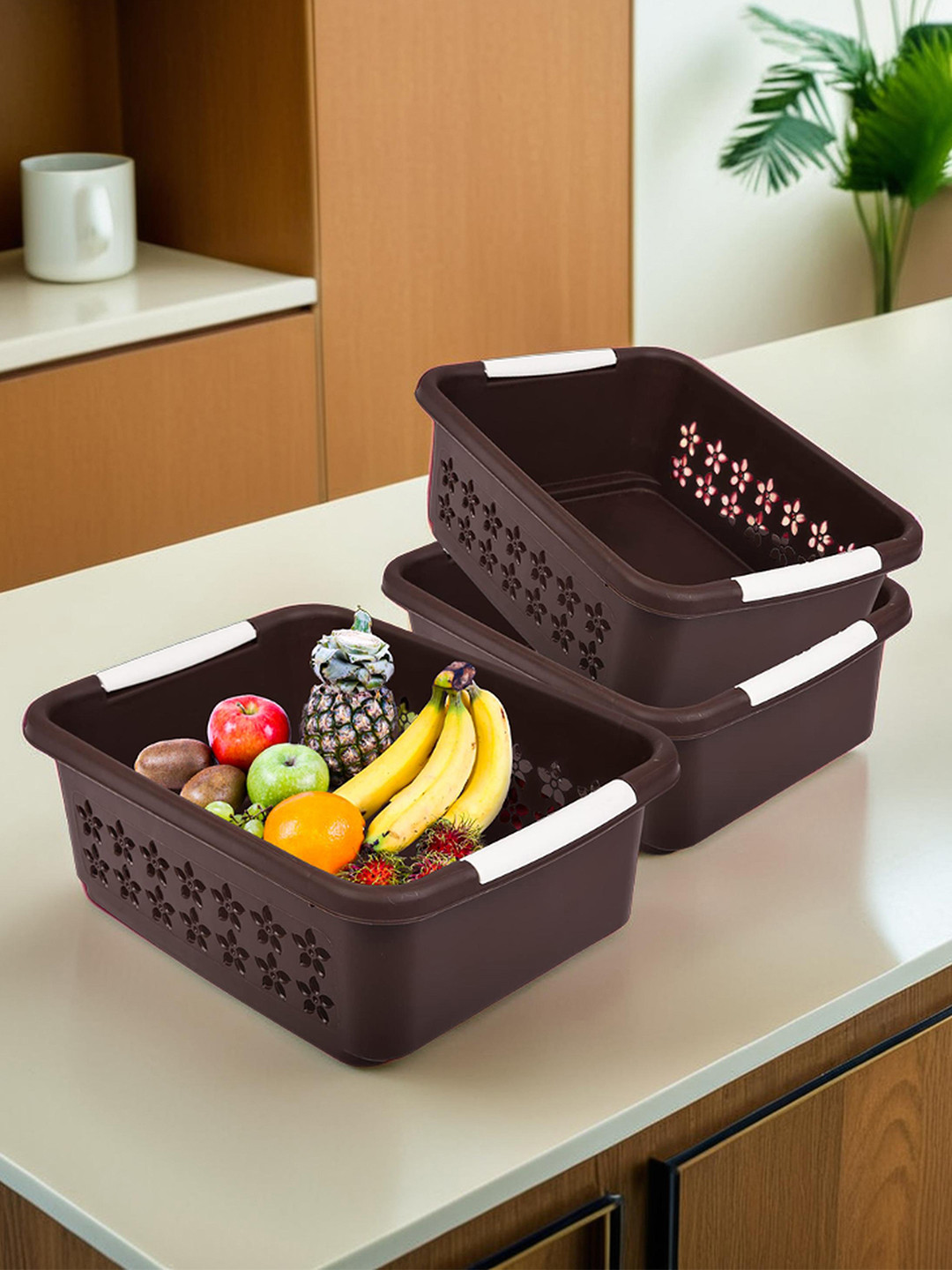 Kuber Industries 3-Pcs Brown Floral Cut Design Rectangular Storage Baskets