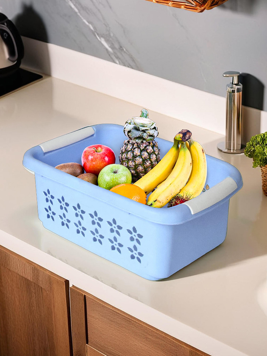 Kuber Industries Sky Blue Floral Design Rectangular Storage Basket