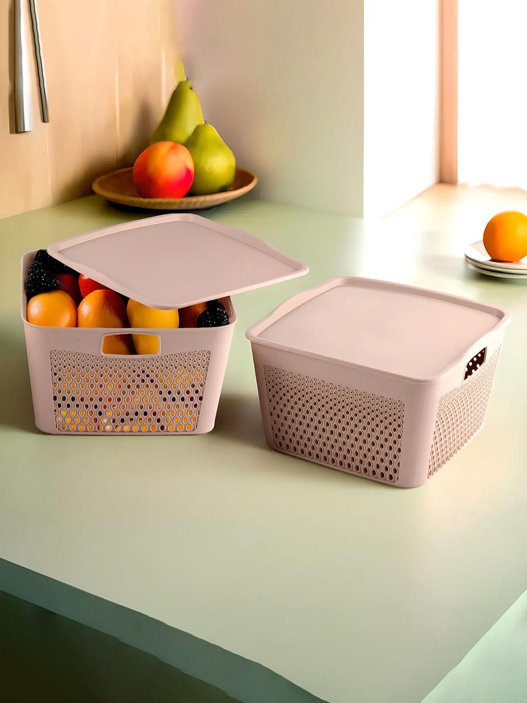 Kuber Industries Pack Of 2 Peach-Coloured Square Storage Baskets with Lid