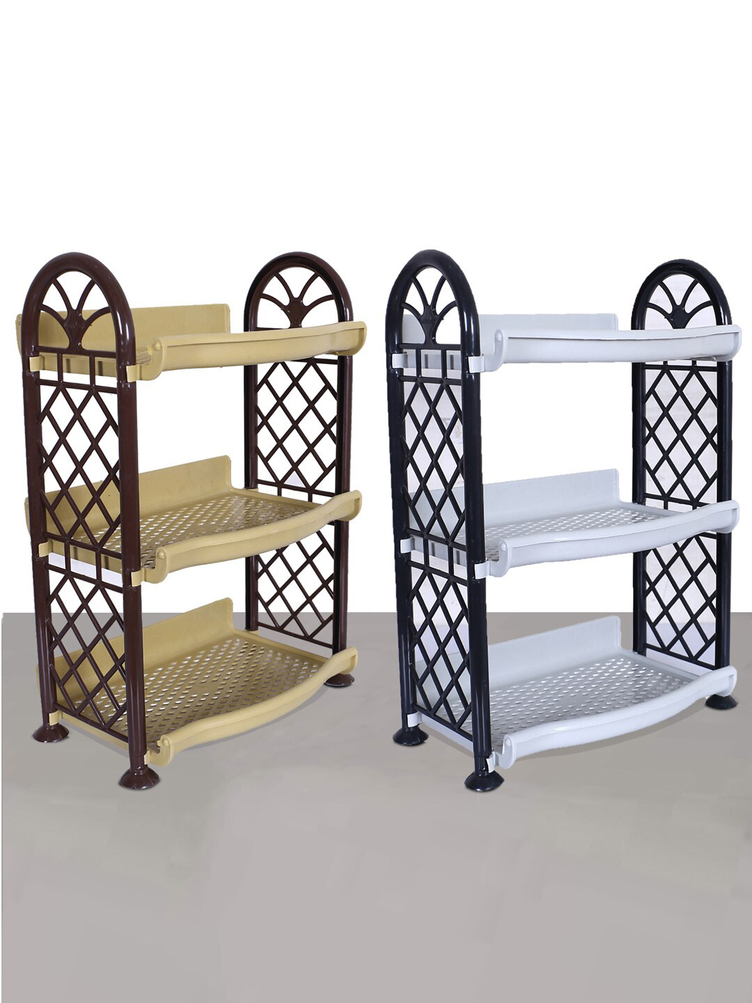 Kuber Industries Beige & Grey 2 Pieces Patterned Unbreakable 3 Shelves Storage Stands