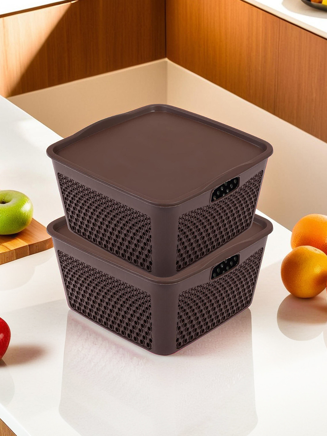 Kuber Industries Brown 2 Pieces Netted Design Rectangle Storage Baskets with Lids