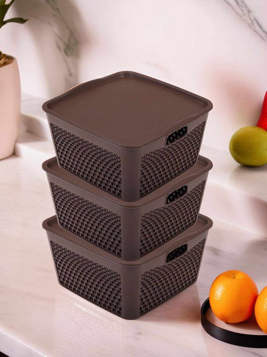Kuber Industries Brown 3 Pieces Netted Design Square Storage Baskets With Lid
