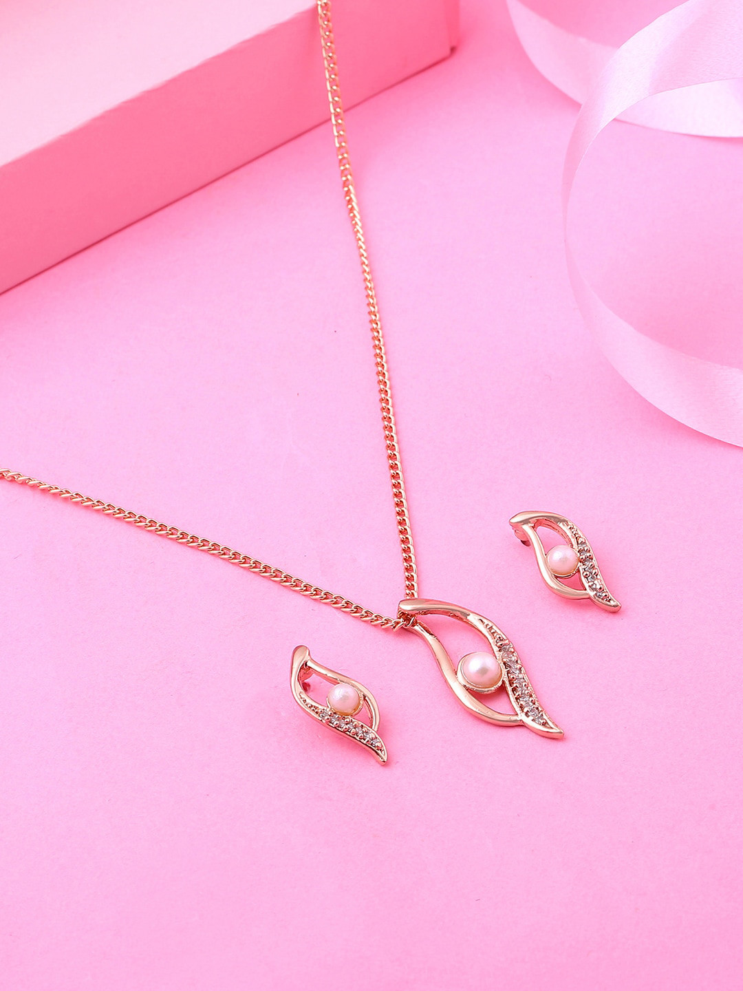 Estele Rose Gold Plated Leaf Designer Pendant Set with Austrian Crystals for Women / Girls