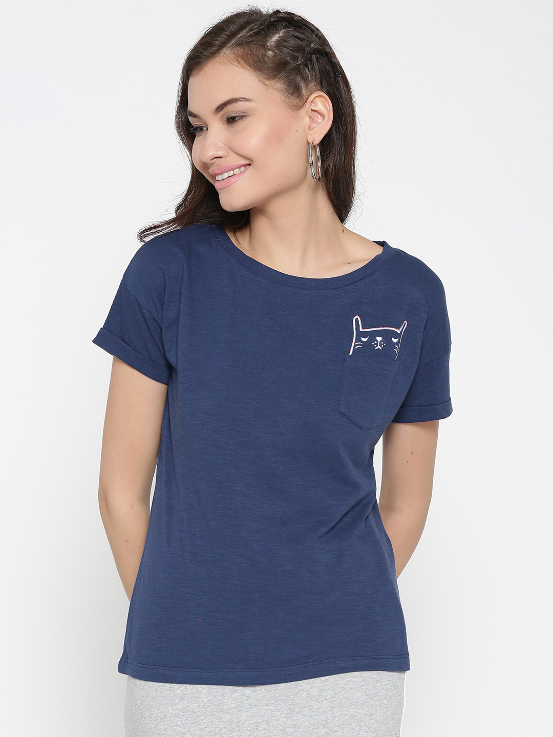 Style Quotient Women Navy Solid Round Neck T-shirt