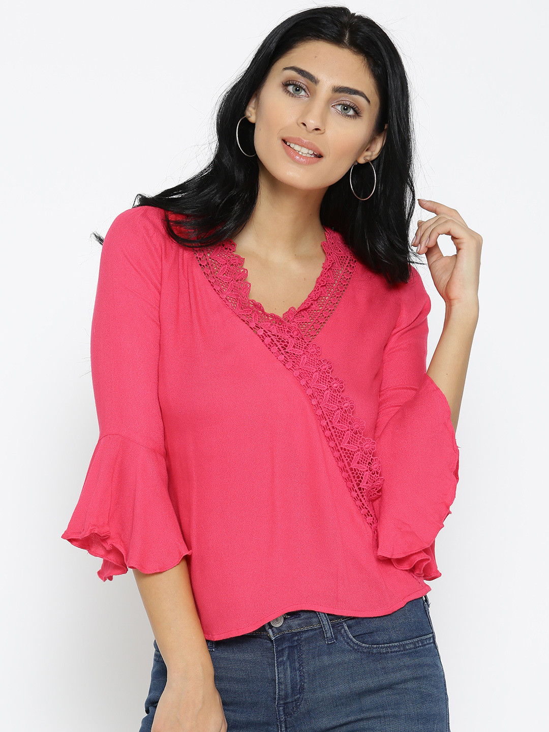 Noi Women Pink Lace Detail Wrap Top