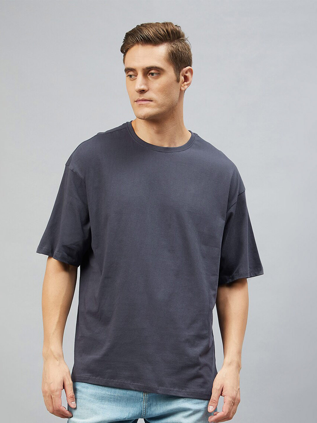 CHIMPAAANZEE Men Grey Round Neck Oversize T-shirt