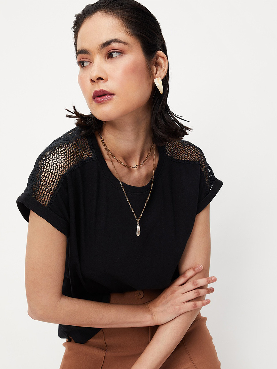 max Lace Inserted Extended Sleeves Pure Cotton Boxy Top