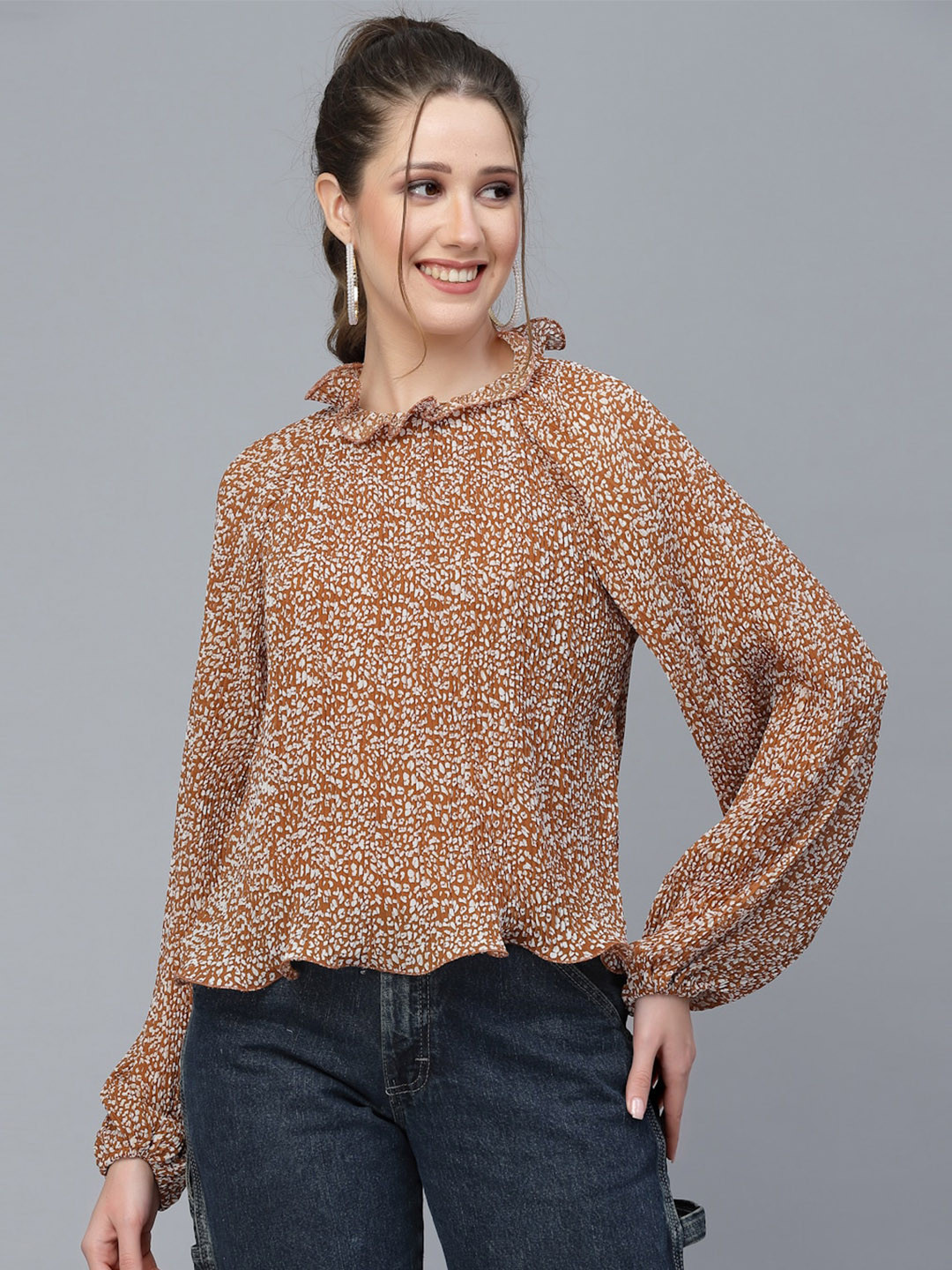 Mafadeny Brown Animal Print Chiffon Top