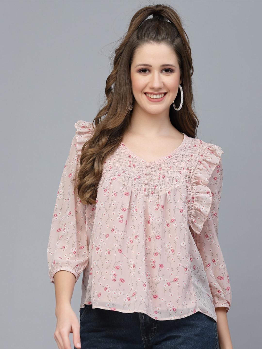 Mafadeny Pink Floral Print Chiffon Top