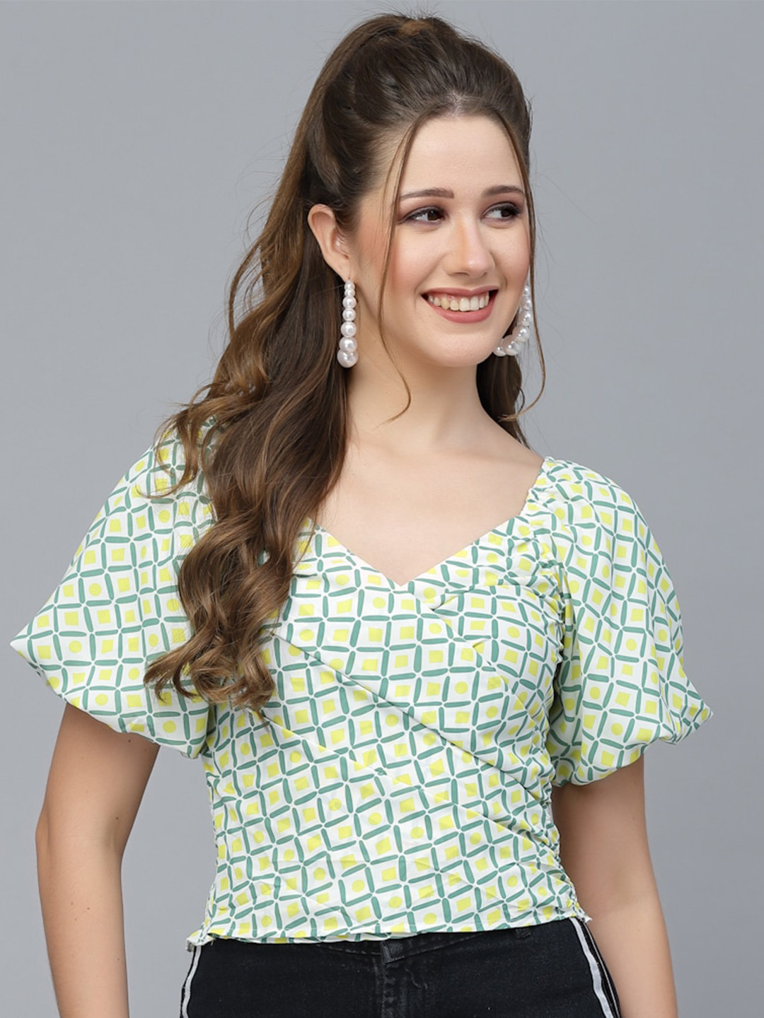 Mafadeny Green Geometric Print Wrap Top