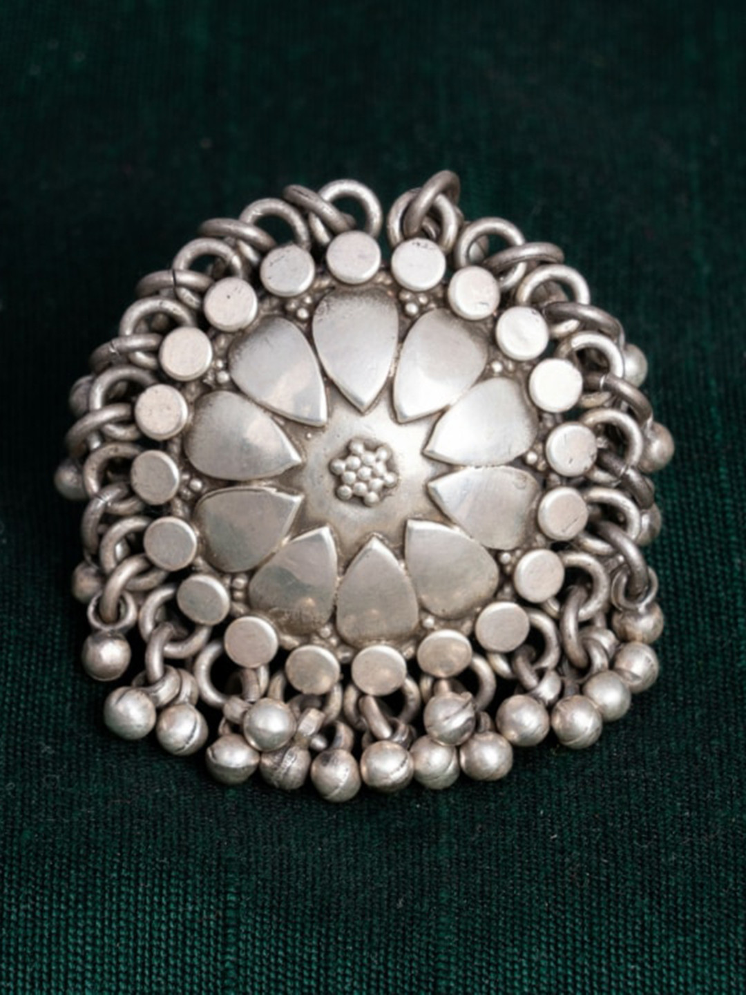 Shyle 925 Sterling Silver Oxidized Ghungaroo-Beaded Adjustable Finger Ring