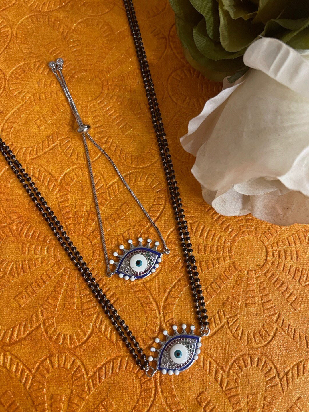 Digital Dress Room Silver Plated AD Studded Evil Eye Mangalsutra With Bracelet