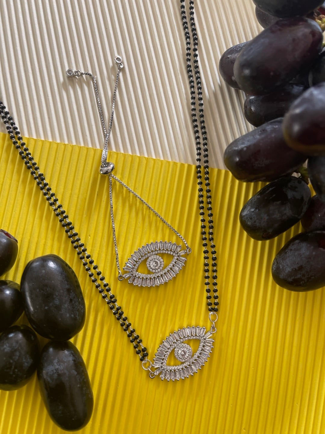 Digital Dress Room Set Of 2 Silver Plated AD Studded Evil Eye Mangalsutra With Bracelet