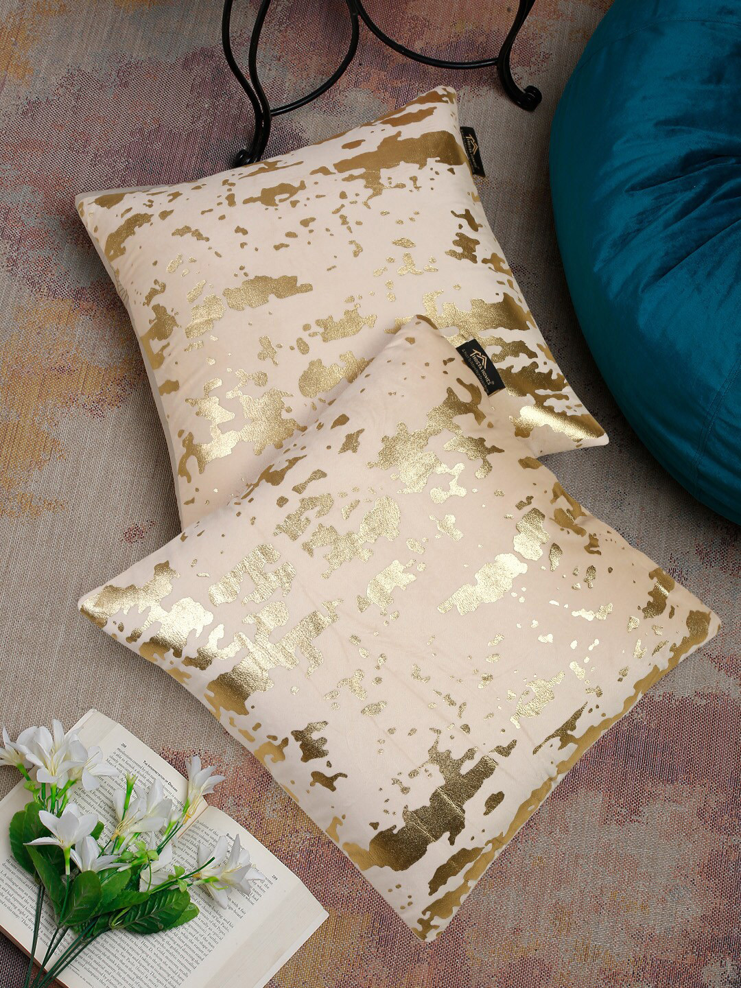 HOSTA HOMES Beige & Gold-Toned 2 Pcs Abstract Velvet Square Cushion Covers