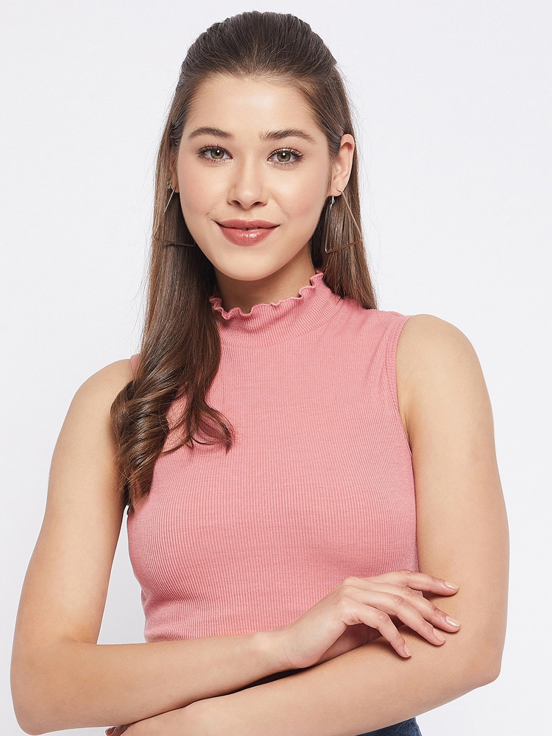 LE BOURGEOIS Slim Fit High Neck Sleeveless Cotton Ribbed Crop Top