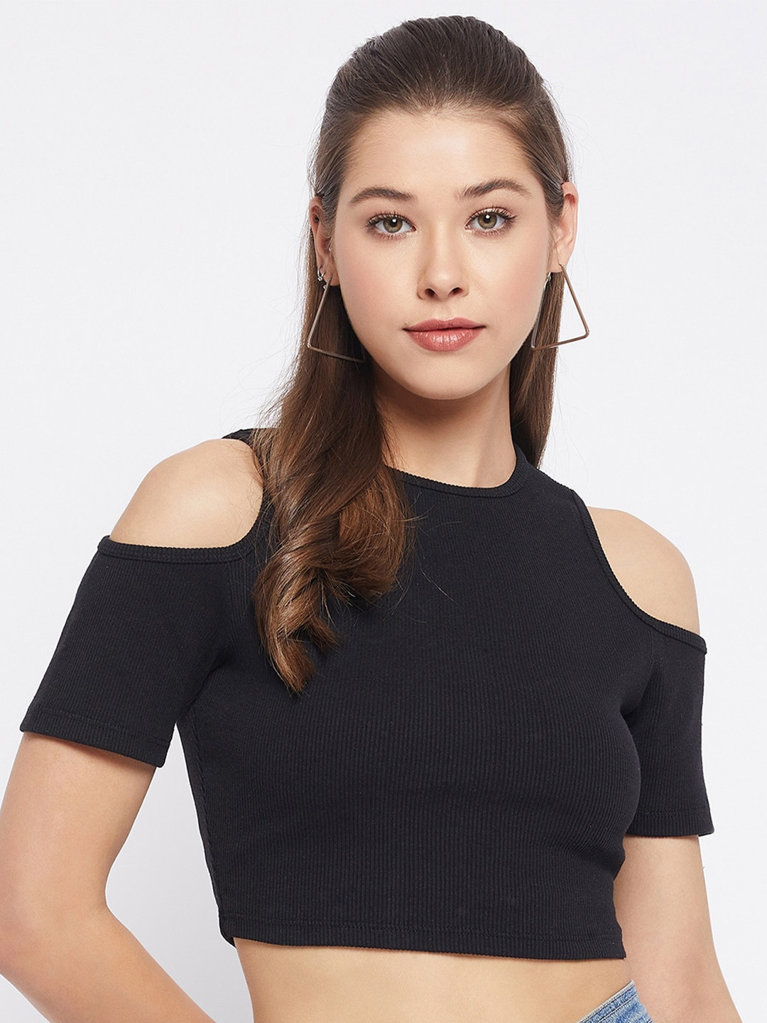 LE BOURGEOIS Slim Fit Round Neck Cold Shoulder Crop Top