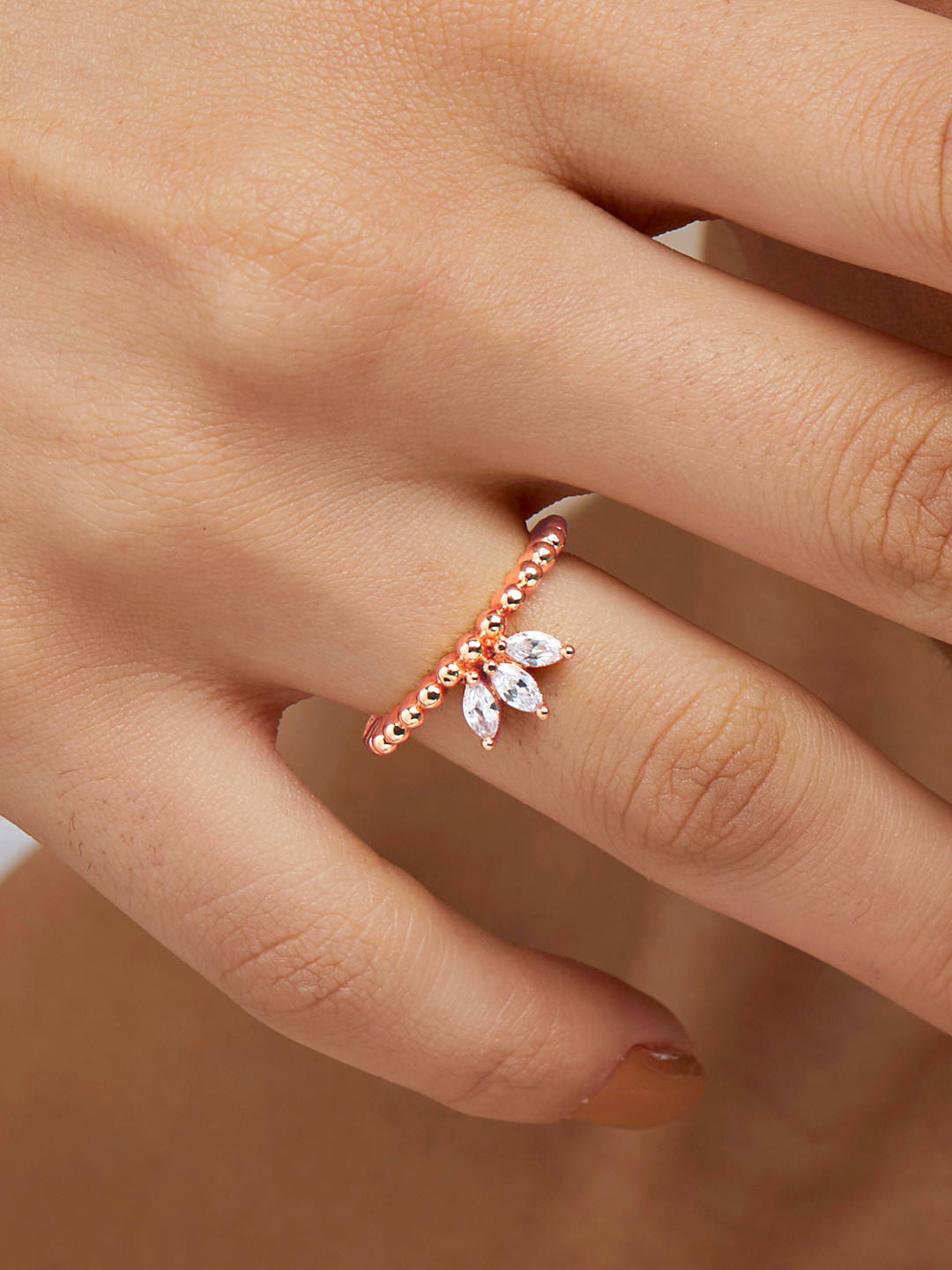MINUTIAE Rose-Gold Plated Crystal Studded Adjustable Finger Ring