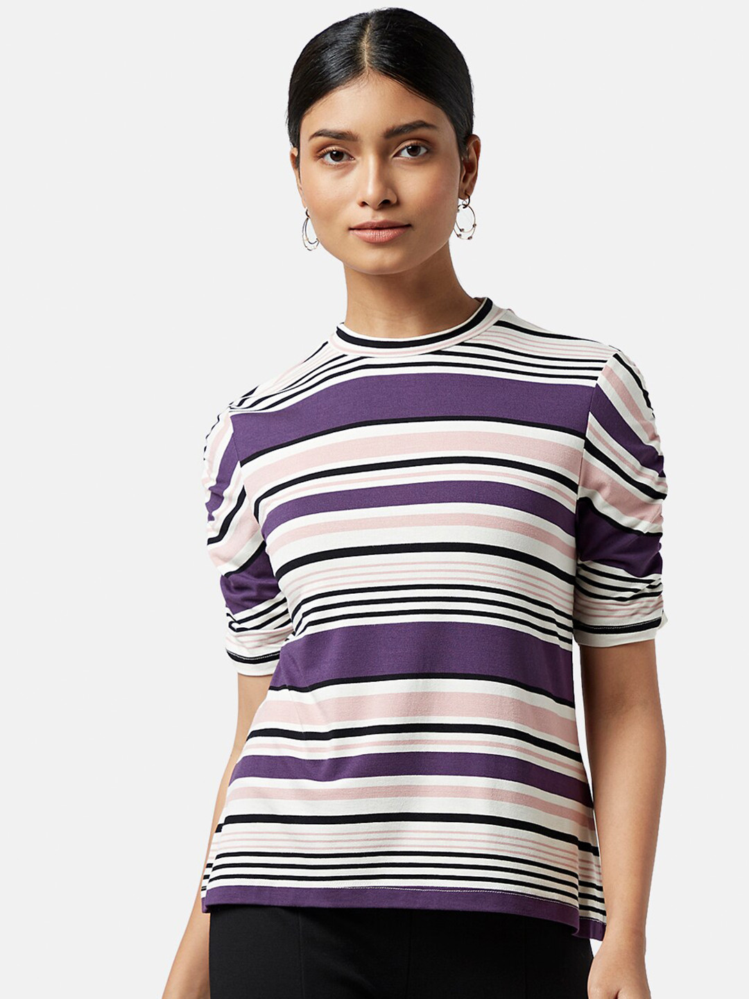 Annabelle by Pantaloons Horizontal Striped Puff Sleeves Top