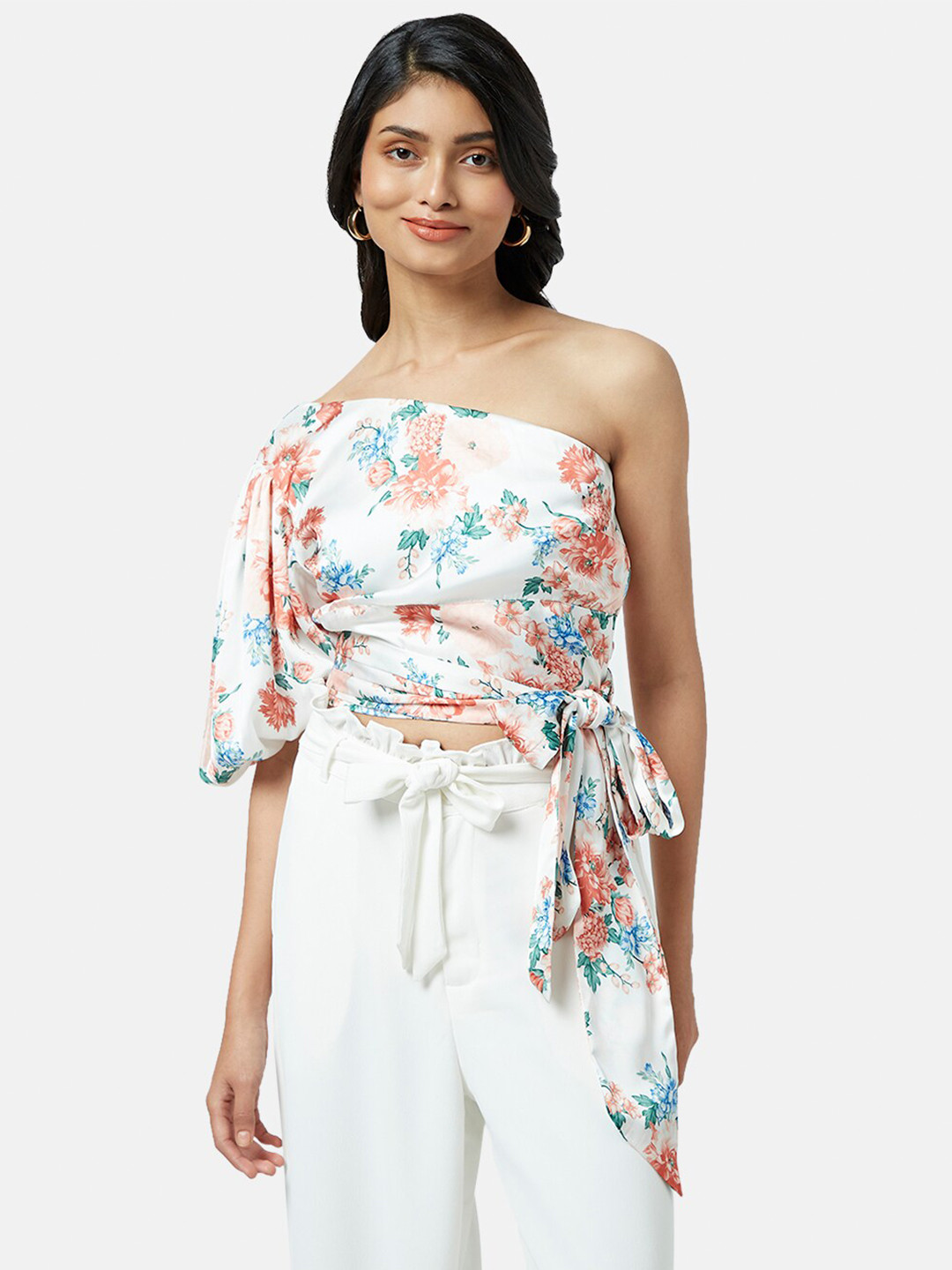 Honey by Pantaloons One Shoulder Floral Print Tie-Up Crop Top
