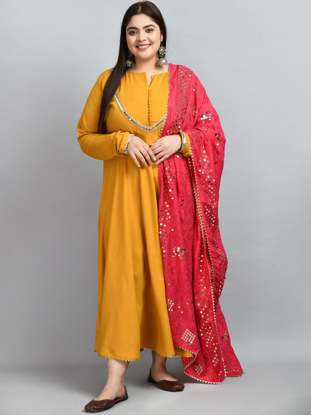 PrettyPlus by Desinoor.com Plus Size Mirror Work Anarkali Kurta With Sequin Dupatta