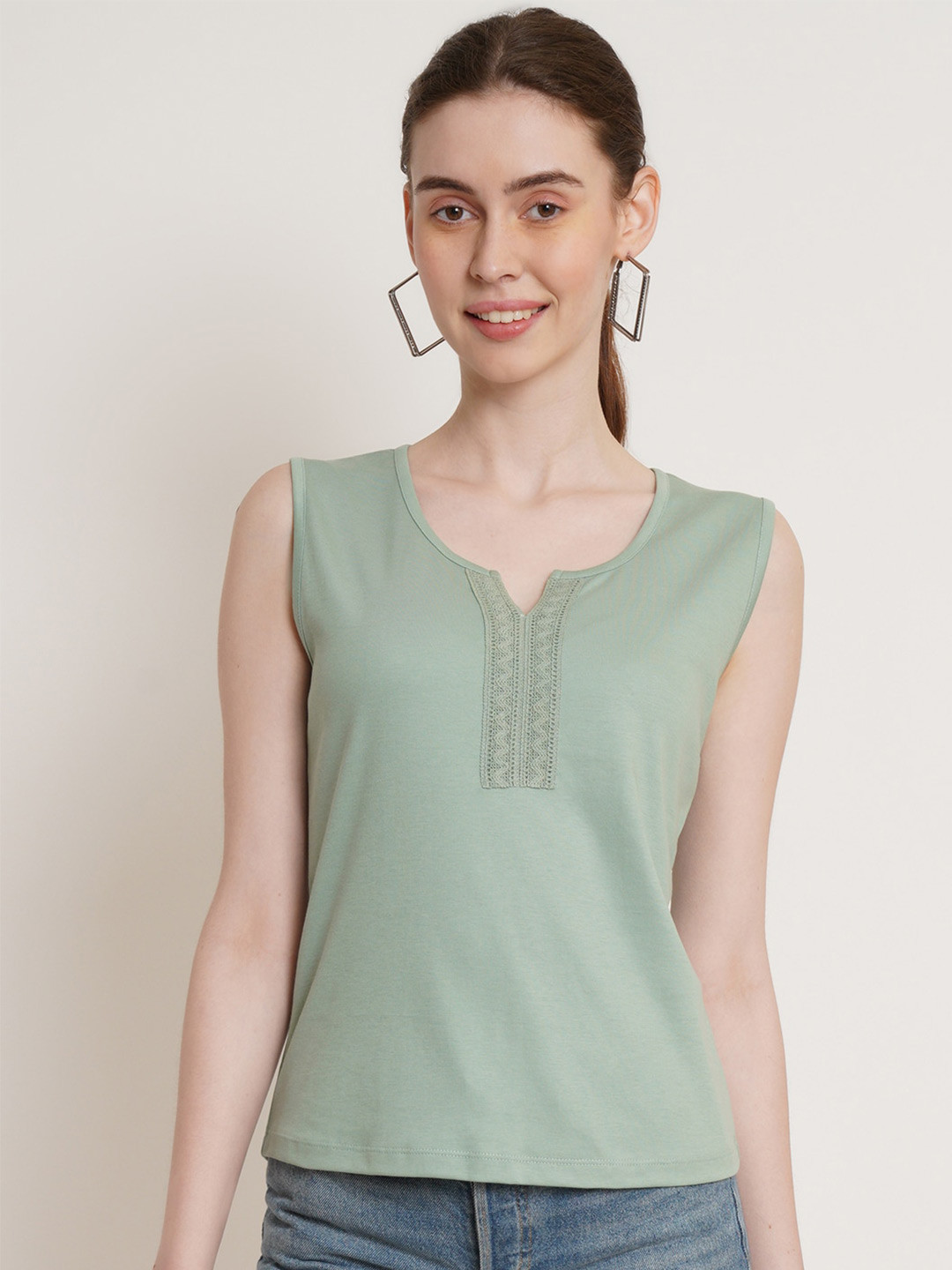 Hive91 Notch Neck Lace Inserted Cotton Top