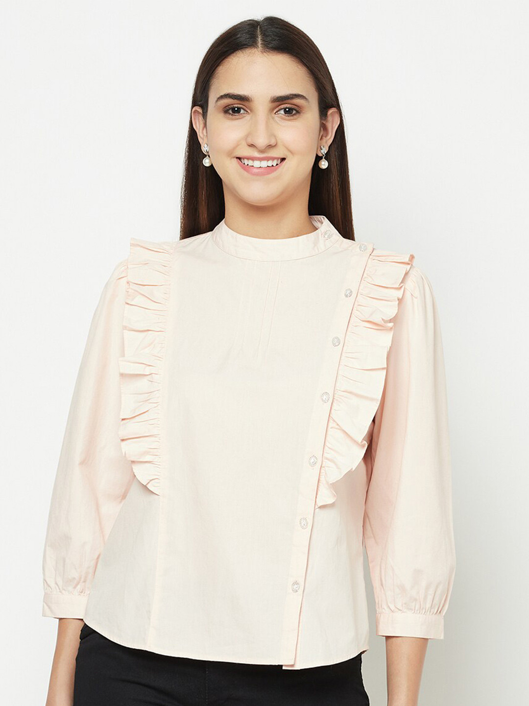 BLANC9 High Neck Ruffles Details Cotton Puff Sleeves Top